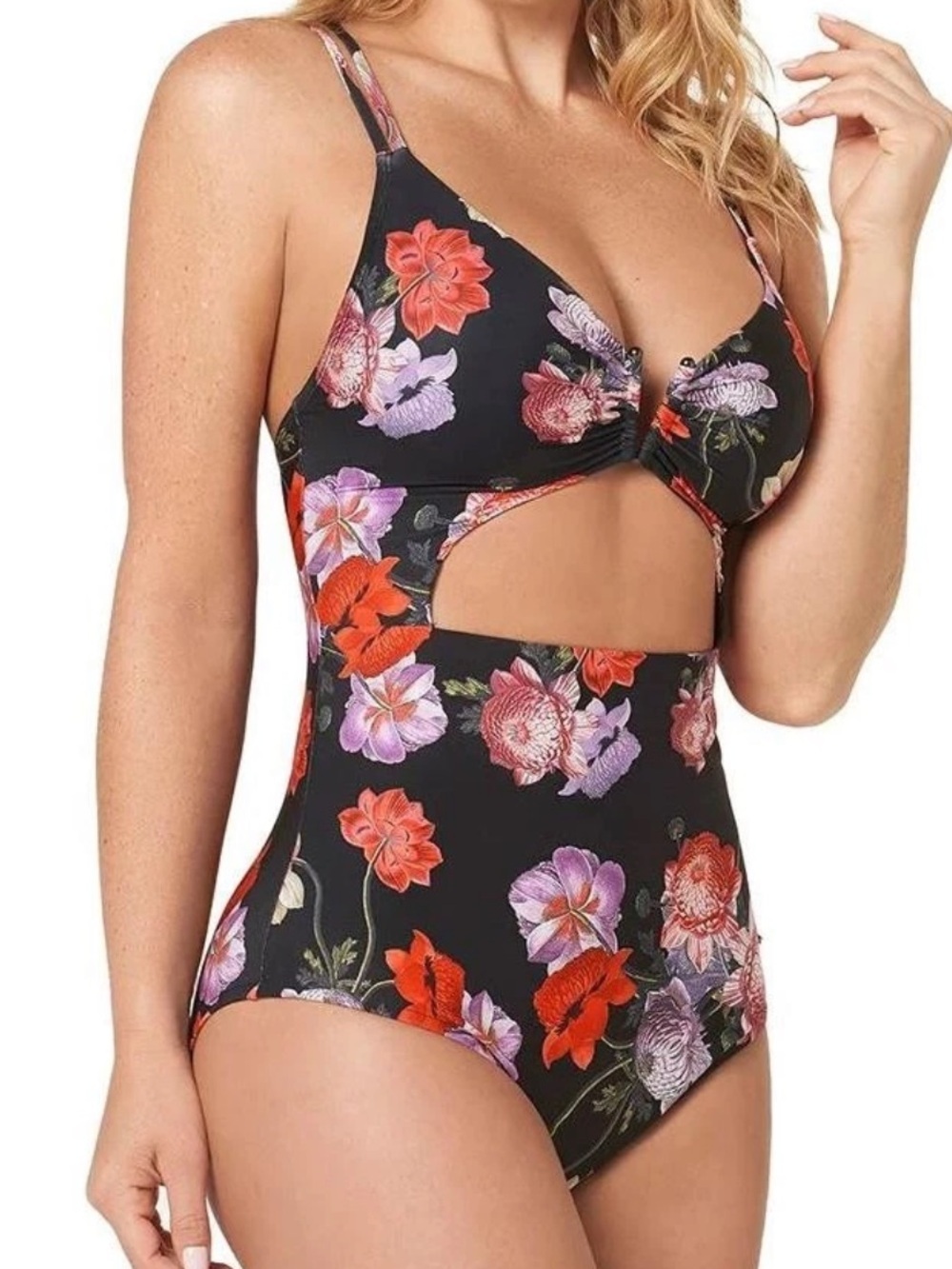 NEW Leonisa Black Floral Cut Out‎ Padded One Piece Swimsuit